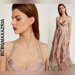 BCBG dress, evening gown, pink wedding guest dress formal